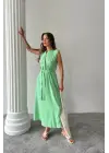 KETEN ELBİSE KOLSUZ BEL BAĞLAMALI MAXİ ELBİSE - Yeşil