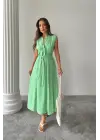 KETEN ELBİSE KOLSUZ BEL BAĞLAMALI MAXİ ELBİSE - Yeşil