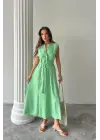 KETEN ELBİSE KOLSUZ BEL BAĞLAMALI MAXİ ELBİSE - Yeşil