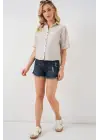 Keten Görünümlü Crop Gömlek 20339 - Krem