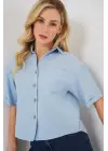 Keten Görünümlü Crop Gömlek 20339 - Mavi