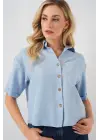 Keten Görünümlü Crop Gömlek 20339 - Mavi