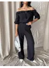 KETEN MADONNA YAKA KOL HASIR ŞERİT - PANTOLON TAKIM - Siyah