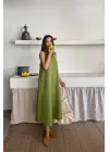 Omarı Keten Önden Düğmeli Kolsuz Elbise - Yağ Yeşili