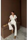 KETEN V YAKA BELDEN BAĞLAMALI BLUZ-PANTOLON TAKIM - Beyaz