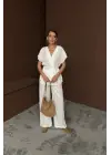 KETEN V YAKA BELDEN BAĞLAMALI BLUZ-PANTOLON TAKIM - Beyaz