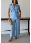 Keten yelek pantolon takım mavi pt