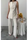 KETEN YELEK - PANTOLON TAKIM - Taş