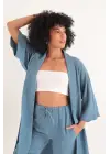 Omarı İndigo Desenli Uzun Kollu Kimono Üst