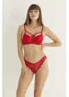 Omarı Çift Çapraz Dantelli Kırmızı Destekli Sütyen Seti
