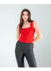 Omarı Kırmızı Kare Yaka Kalın Askılı Crop Bluz