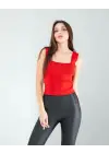 Omarı Kırmızı Kare Yaka Kalın Askılı Crop Bluz