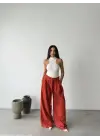 Omarı Yüksek Bel Palazzo Pantolon - Kiremit Rengi
