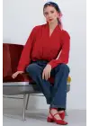 Kırmızı Kruvaze Yaka Dökümlü Saten Bluz 0492