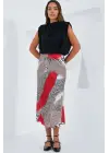 Kırmızı Siyah Desenli Saten Etek 15806