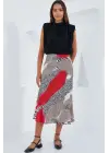 Kırmızı Siyah Desenli Saten Etek 15806
