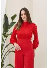 Omarı Dantel Detaylı Kırmızı Tulum