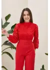Omarı Dantel Detaylı Kırmızı Tulum