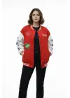 Kırmızı Varsity Çıtçıtlı Baskılı Oversize Kalıp Kolej Ceket - Kırmızı