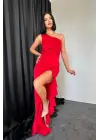 Kırmızı Volanlı Saten Abiye