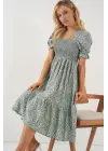 Kısa Kol Çiçekli Elbise 2556 - Mint