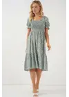 Kısa Kol Çiçekli Elbise 2556 - Mint