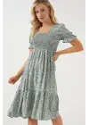 Kısa Kol Çiçekli Elbise 2556 - Mint