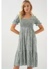 Kısa Kol Çiçekli Elbise 2556 - Mint