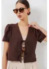 Kısa Kol Crop Bluz 958 - Kahverengi