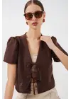 Kısa Kol Crop Bluz 958 - Kahverengi