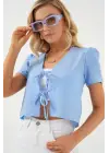 Kısa Kol Crop Bluz 958 - Mavi