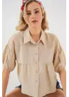 Kısa Kol Crop Gömlek 20335 - Bej