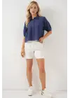 Kısa Kol Crop Gömlek 20335 - İndigo