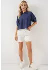 Kısa Kol Crop Gömlek 20335 - İndigo