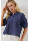 Kısa Kol Crop Gömlek 20335 - İndigo