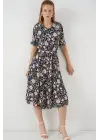 Kısa Kol Desenli Elbise 2560 - Lacivert