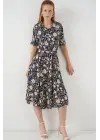 Kısa Kol Desenli Elbise 2560 - Lacivert
