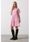 Kısa Kol Düğmeli Elbise - Şeker Pembe