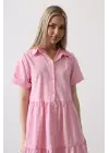 Kısa Kol Düğmeli Elbise - Şeker Pembe