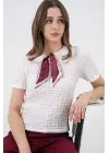 Kısa Kol Fularlı Örme Bluz 981 - Beyaz