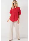 Kısa Kol Keten Görünümlü Gömlek 20336 - Kırmızı