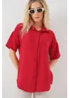 Kısa Kol Keten Görünümlü Gömlek 20336 - Kırmızı