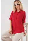 Kısa Kol Keten Görünümlü Gömlek 20336 - Kırmızı
