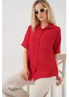 Kısa Kol Keten Görünümlü Gömlek 20336 - Kırmızı