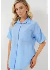 Kısa Kol Keten Görünümlü Gömlek 20336 - Mavi
