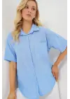 Kısa Kol Keten Görünümlü Gömlek 20336 - Mavi