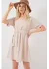 Kısa Kol Mini Ayrobin Elbise 2572 - Krem