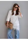 Kısa Kollu Asimetrik Kesim Dantel Güpür Detay Bluz