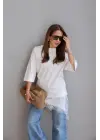Kısa Kollu Asimetrik Kesim Dantel Güpür Detay Bluz
