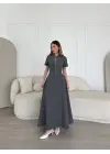 Omarı Fermuarlı Çan Etekli Uzun Elbise - Antrasit